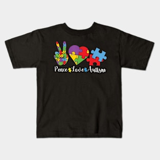 Peace Love Autism Puzzle April We Wear Blue For Autism Kids T-Shirt